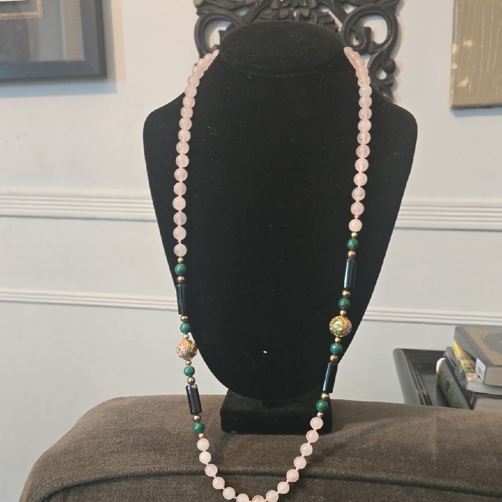 Chic Pink Quarts and Green Cloisonne Beaded Necklace